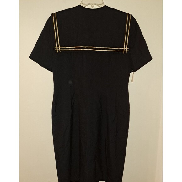 Vintage Leslie Fay Black Gold Trim Front Button Sheath Sailor Style Dress Sz 12 - Picture 6 of 7